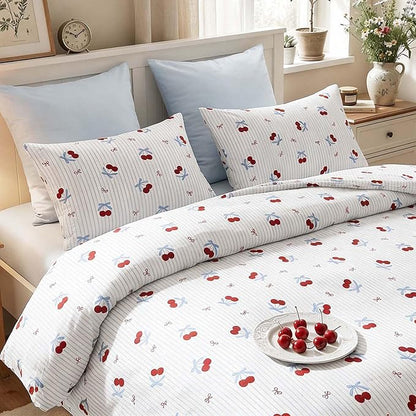 Nayoroom Blue Striped Bow Comforter Set Queen Size Red Cherry Comforter 3 Pieces Soft Lightweight Girls Cute Aesthetic Dorm Bedding Set for All Seasons