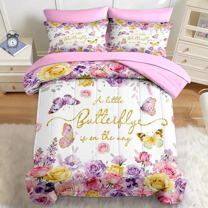 Nesker 5 Pcs Spring Comforter Set Twin Size, Pink Purple Floral Bedding Set for Kids and Adults, Roses Butterfly Bed Sheet Sets with Fitted Sheet Pillowcase & Sham