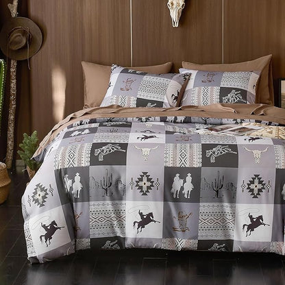 Wake In Cloud - Western Comforter Set, Southwestern Aztec Country Horse Cowboy Rustic Ranch Pattern Printed, Soft Lightweight Bedding, 3 Pieces, Gray Brown, Queen Size