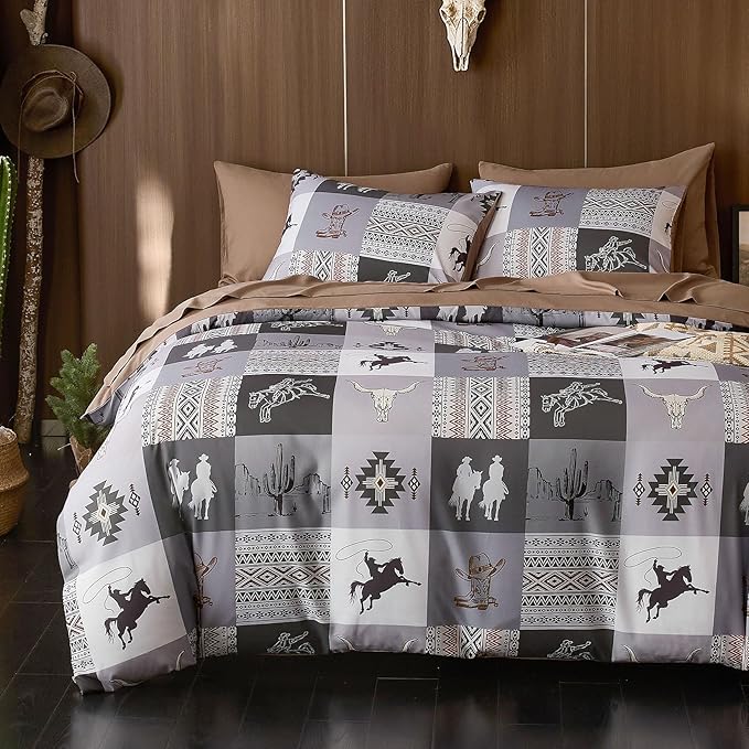 Wake In Cloud - Western Comforter Set, Southwestern Aztec Country Horse Cowboy Rustic Ranch Pattern Printed, Soft Lightweight Bedding, 3 Pieces, Gray Brown, King Size