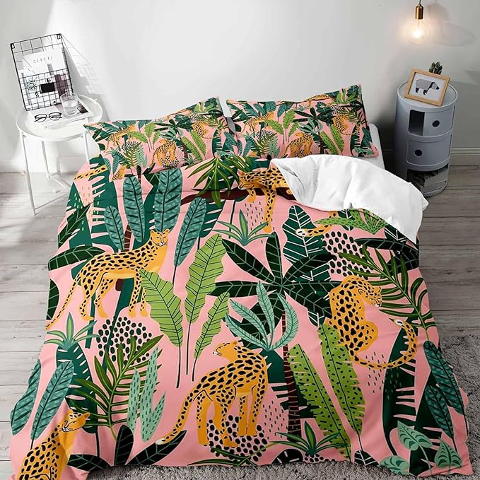 LUVIVIHOME 3PCS Leopard Duvet Cover Full Bedding Set, Pink Duvet Cover, Boho Aesthetic Tropical Plant Green Leaves Botanical Safari Jungle Animals Cheetah Leopard Comforter Quilt Cover, 2 Pillow Cases