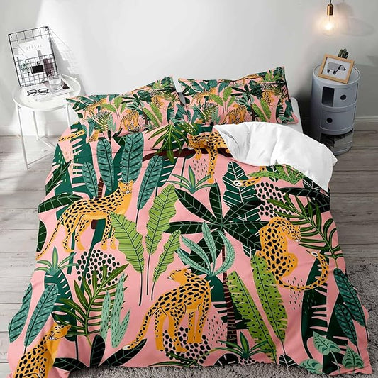 LUVIVIHOME 3PCS Leopard Duvet Cover Full Bedding Set, Pink Duvet Cover, Boho Aesthetic Tropical Plant Green Leaves Botanical Safari Jungle Animals Cheetah Leopard Comforter Quilt Cover, 2 Pillow Cases