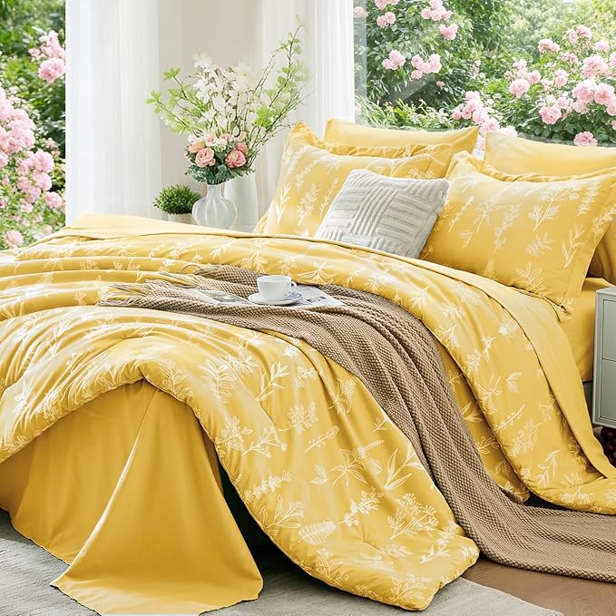 MUXHOMO Bright Yellow Full Comforter Set, Elegant Floral Print Bed in a Bag 7 Pieces, Ultra Soft & Breathable Reversible Botanical Pattern Bedding Set with Comforter, Sheets, Pillowcases, and Shams