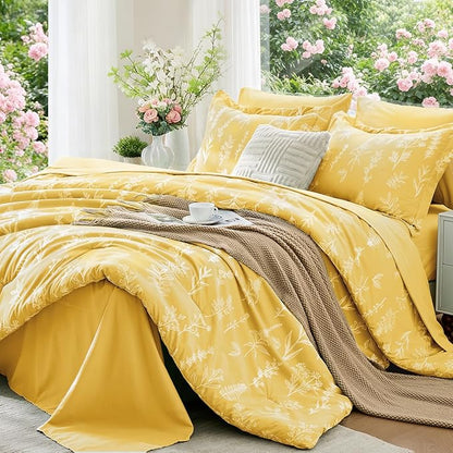 MUXHOMO Bright Yellow Full Comforter Set, Elegant Floral Print Bed in a Bag 7 Pieces, Ultra Soft & Breathable Reversible Botanical Pattern Bedding Set with Comforter, Sheets, Pillowcases, and Shams