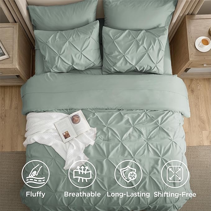Bedsure King Size Comforter Set Sage Green - Bed in a Bag Bedding Set 7 Pieces, GentleSoft™ Pintuck Bed Set Gift for Family, Pinch Pleat Sage Green Comforter with Sheets, Pillowcases & Shams