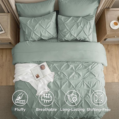 Bedsure King Size Comforter Set Sage Green - Bed in a Bag Bedding Set 7 Pieces, GentleSoft™ Pintuck Bed Set Gift for Family, Pinch Pleat Sage Green Comforter with Sheets, Pillowcases & Shams