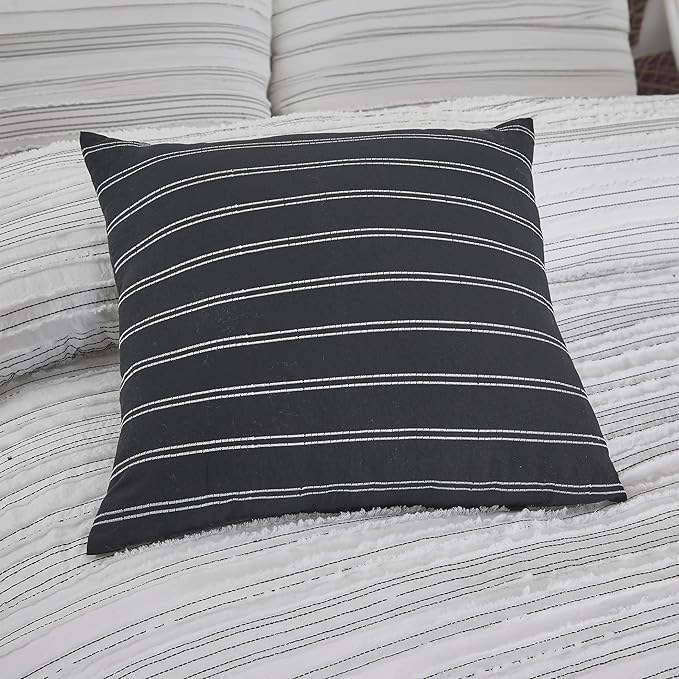 Modern Threads Dixie White Jacquard Comforter Set – 5 Piece Textured Bedding with Decorative Pillows & Shams, Soft All Season Farmhouse Bed Set, Bright White with Graphite Stripes, Queen