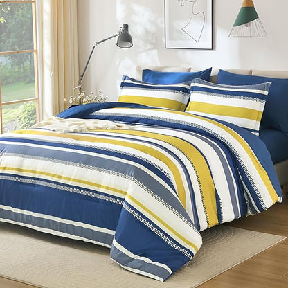 WONGS BEDDING Blue Comforter King Size Set, 7 Pieces Bed in a Bag Blue and Yellow Comforter Set, Soft Boho Striped Bedding Sets with Sheets, Pillowcases & Shams