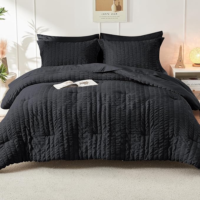 HYMOKEGE Black Oversized Queen Comforter Set Seersucker 7 Pieces, All Season Luxury Bed in a Bag for Bedroom, Bedding Set with Comforter, Sheets, Pillowcases & Shams