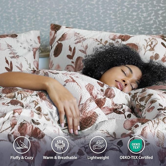 Bed Comforter Set Twin Size, 2 Pieces Lightweight Seersucker Botanical Reversible Design with Floral Print, Premium Microfiber Bedding Set, Comforter and Sham Set, Terracotta