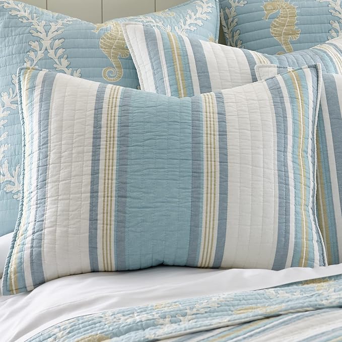 Levtex Home - Kailua Quilt Set - Twin Quilt + One Standard Pillow Sham - Stripe - Blue Teal Taupe Cream - Quilt (68x86in.) and Pillow Shams (26x20in.) - Reversible - Cotton Fabric