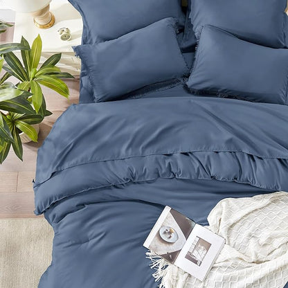 Andency Full Size Comforter Set Bluish Grey -7 Pieces Boho Tassel Bed in a Bag Soft Lightweight Bedding Sets, Fringe All Season Bed Set with Comforter, Sheets, Pillowcases & Shams