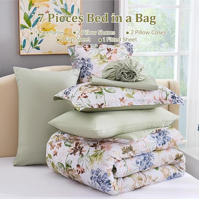 Luxudecor Floral Comforter Set Queen Size 7 Pieces Bed in a Bag, Green Flower Watercolor Bed Set, Soft Comforter with Sheet Set 90"x90"