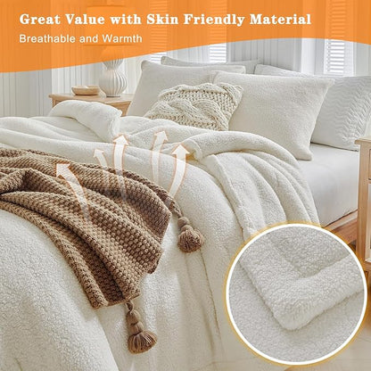 Fluffy Queen Comforter Set - Sherpa Comforter Set Queen Size Winter Use Warm Fleece Luxury 3 Pieces Bedding Comforter with 2 Pillow Shams Microfiber Plush Bed Set- Thanksgiving Choice