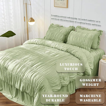 Bonlino Queen Comforter Set Green Bedding - Ruched Comforter Queen Size Bed Set Boho Shabby Chic Bedding for Bedroom Comforter Fluffy 3 Piece Ruffle Comforter Set Sage Green