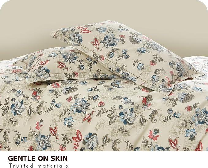 SLEEPBELLA King Size Comforter Set Teal & Red Botanical Pattern Printed on White 100% Cotton Fabric, Ultra Soft Microfiber Inner Fill 3Pcs Bedding Set