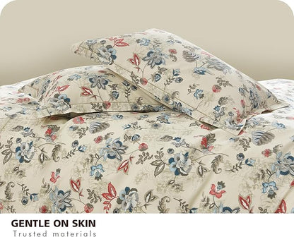 SLEEPBELLA King Size Comforter Set Teal & Red Botanical Pattern Printed on White 100% Cotton Fabric, Ultra Soft Microfiber Inner Fill 3Pcs Bedding Set