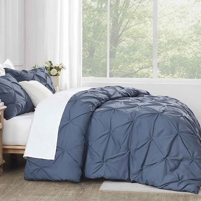 Andency Dark Blue Grey Pinch Pleat Comforter Full(79x90Inch), 3 Pieces(1 Down Alternative Comforter and 2 Pillowcases) Dark Blue Grey Bed Set Microfiber Pintuck Bedding Set