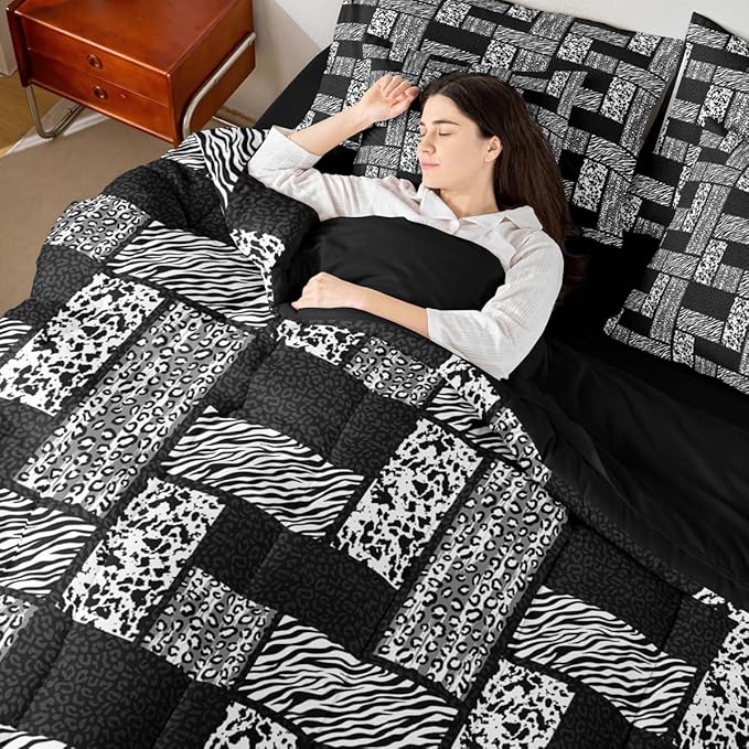 Wildlife Animals Print Comforter Set 7 Pcs,Leopard Cheetah Zebra Cow Skin Bed Set,Black Grey Wildlife Bedding Set for Kids,Queen(1 Comforter,2 Pillowcase,2 Pillow Covers,1 Flat Sheet,1 Fitted Sheet)