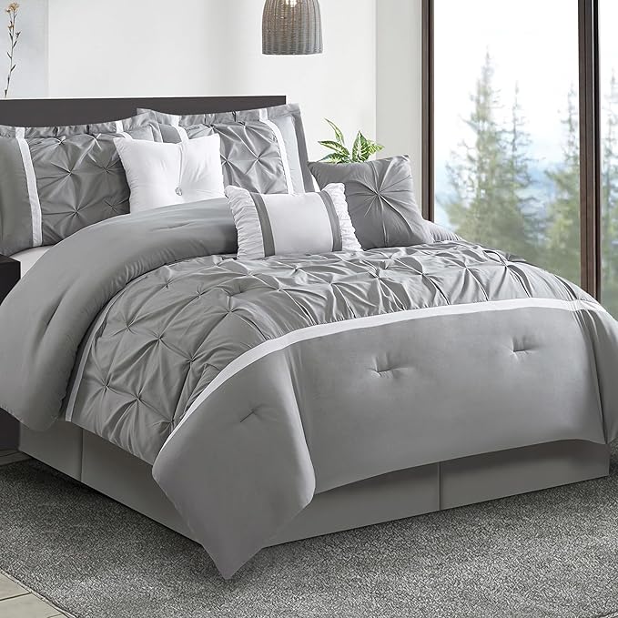 Grey Comforter Set, Queen, 7 Piece Bed in a Bag, Microfiber Handcrafted Pintucking, All Season Bedding Set with Comforter, Bedskirt, Pillow Shams and Decro Pillows