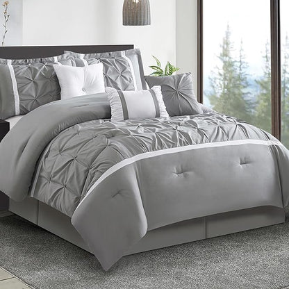 Grey Comforter Set, Queen, 7 Piece Bed in a Bag, Microfiber Handcrafted Pintucking, All Season Bedding Set with Comforter, Bedskirt, Pillow Shams and Decro Pillows