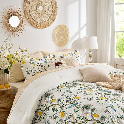 MUSSEL White Queen Size Comforter Set 3 Pieces,Vintage Botanical Floral Pattern Bedding Comforter Sets,Boho Whimsical Modern Printed Design Cute Seersucker Bedroom Comforter and Shams