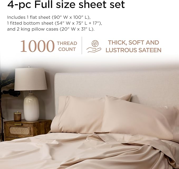 Threadmill Luxury Supima Cotton Sheets, Luxury 1000 Thread Count Soft 100% Cotton Sheets for Full Size Bed, 4 Pc Beige Bed Sheets Full Set, 5-Star Hotel Quality Elasticized Deep Pocket Bed Sheets Set