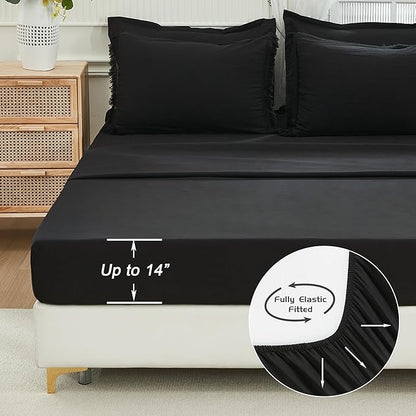 Andency Black Full Size Comforter Set with Sheets - 7 Pieces Boho Tassel Bed in a Bag Soft Lightweight Bedding Sets, Black Fringe Bed Set with Comforter, Sheets, Pillowcases & Shams