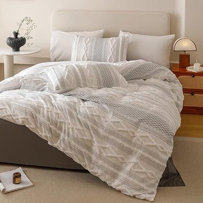 Cottonight White Black Boho Comforter Set Queen Farmhouse Tufted Bedding Set Soft Bohemain Shabby Chic Blanket Quilts Embroidery Rustic Luxury Soft 3PCS Bed Set for Women Men