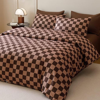 Houseri Brown Plaid Comforter Set Queen Chocolate Coffee Color Chessboard Bedding Sets Mocha Buffalo Checkered Bed Quilt Blanket Queen