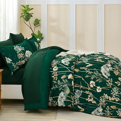 Yiran 7 Piece Comforter Set King Size, Dark Green Dandelion Floral Bedding Set, Botanical Bed in a Bag King, Soft Microfiber Complete Bedding Set with Comforter, Sheets, Pillowcases & Shams
