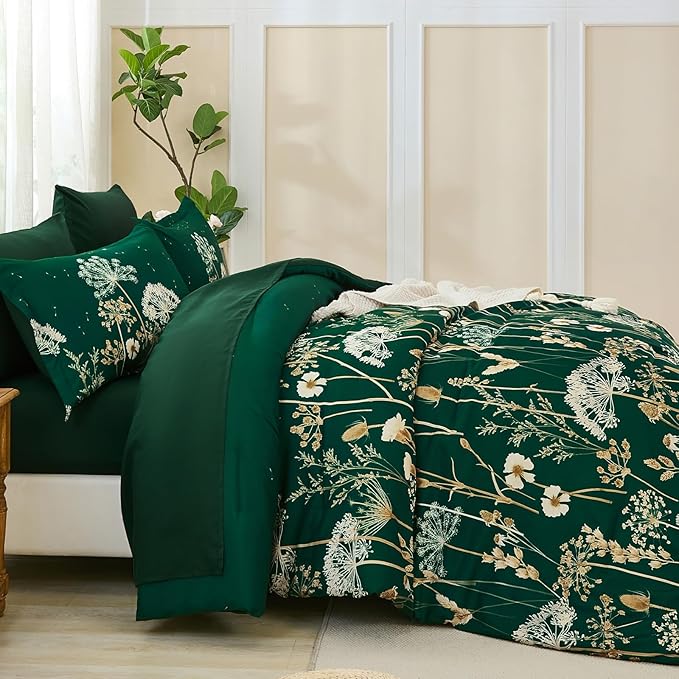 Yiran Queen Comforter Set, 7 Piece Floral Dark Green Bedding Set, Dandelion Botanical Bed in a Bag Queen, Soft Microfiber Complete Bedding Set with Comforter, Sheets, Pillowcases & Shams