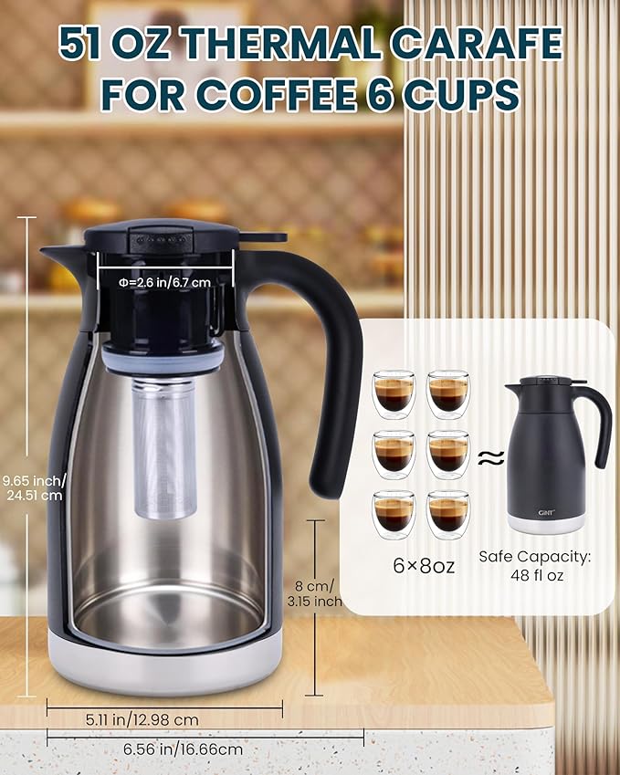 GiNT 51oz Thermal Coffee Carafe with Infuser – Insulated Tea Carafe, Removable Filter, Dishwasher-Safe | 1.5L 6–7 Cups, Wide Mouth, Leak-Proof Seal | Stainless Steel Beverage Server for Home & Office