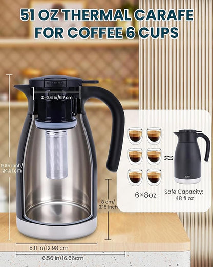 GiNT 51oz Thermal Coffee Carafe with Infuser – Insulated Tea Carafe, Removable Filter, Dishwasher-Safe | 1.5L 6–7 Cups, Wide Mouth, Leak-Proof Seal | Stainless Steel Beverage Server for Home & Office
