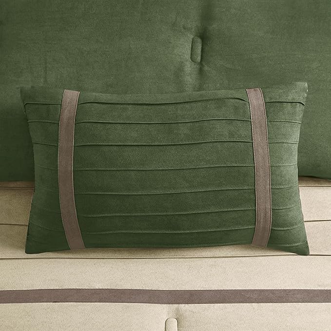 Madison Park Palmer Comforter Set-Luxury Faux Suede Design, Striped Accent, All Season Down Alternative Bedding, Matching Shams, Decorative Pillow, Bed Skirt, King (104 in x 92 in), Green 7 Piece