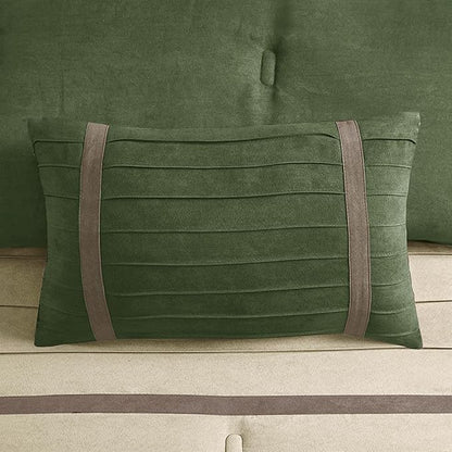 Madison Park Palmer Comforter Set-Luxury Faux Suede Design, Striped Accent, All Season Down Alternative Bedding, Matching Shams, Decorative Pillow, Bed Skirt, Queen (90 in x 90 in), Green 7 Piece