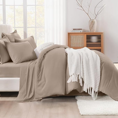 Litanika California King Comforter Set Light Coffee - 7 Pieces Bed in a Bag Cal King Beddding Sets, Plain Lightweight Bed Set with Comforter, Sheets, Pillowcases & Shams