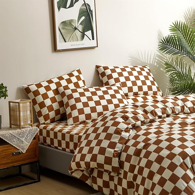 Pureant Pumpkin White Plaid Comforter Set King Brown and White Checkered Bedding Comforter Soft Women Girls Brown Checkerboard Grid Quilts King Size Boho Pumpkin Buffalo Plaid Comforter Geomertic