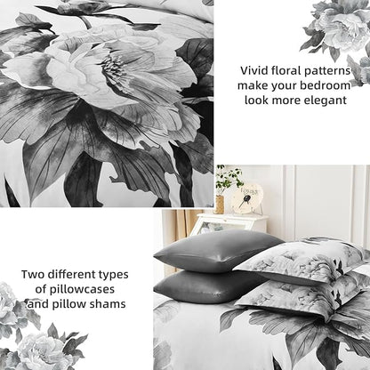 Dobuyly Grey Comforter Set King 7 Piece Bed in a Bag, Gray Floral Printed on White Comforter Set with Sheets, Soft Microfiber Botanical Farmhouse Bedding Set for All Season