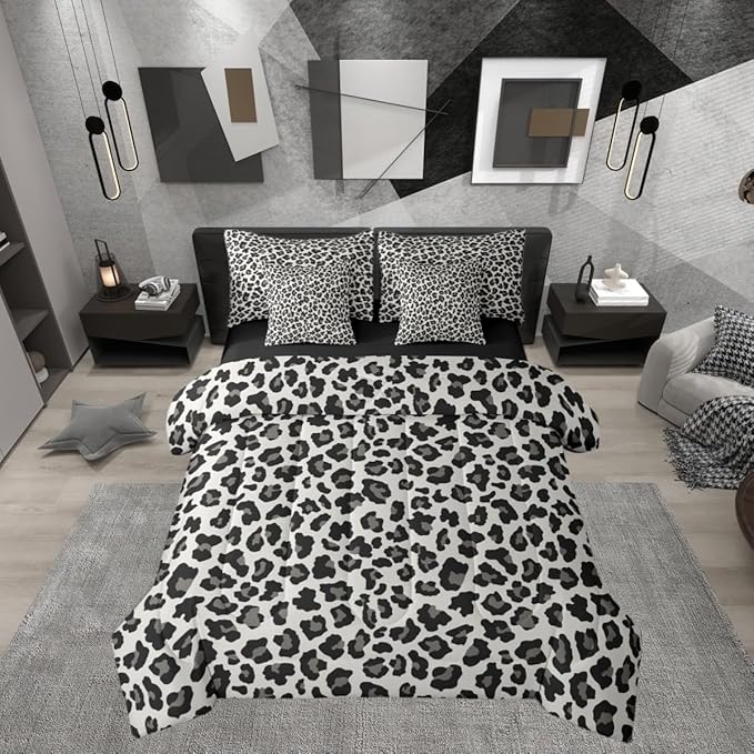 Erosebridal Beige Black Cheetah Fur Comforter Set Queen Size 7 Pieces | Leopard Print Bed in A Bag Animal Skin Pattern Bed Set Women Men Adults Bedding