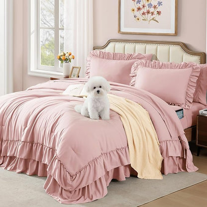 King Size Comforter Set Soft Pink, Ruffle Shabby Chic Bedding Set Farmhouse 7 Pieces, All Season Fluffy Bed in a Bag with Sheets, Pillowcases & Shams