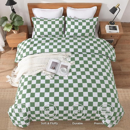 Andency Green Checkered Comforter Twin(66x90Inch), Plaid Gingham Buffalo Grid Bedding Comforter Sets for Boys Kids Teens, 2 Pieces Lightweight Microfiber Geometric Preppy Bed Set