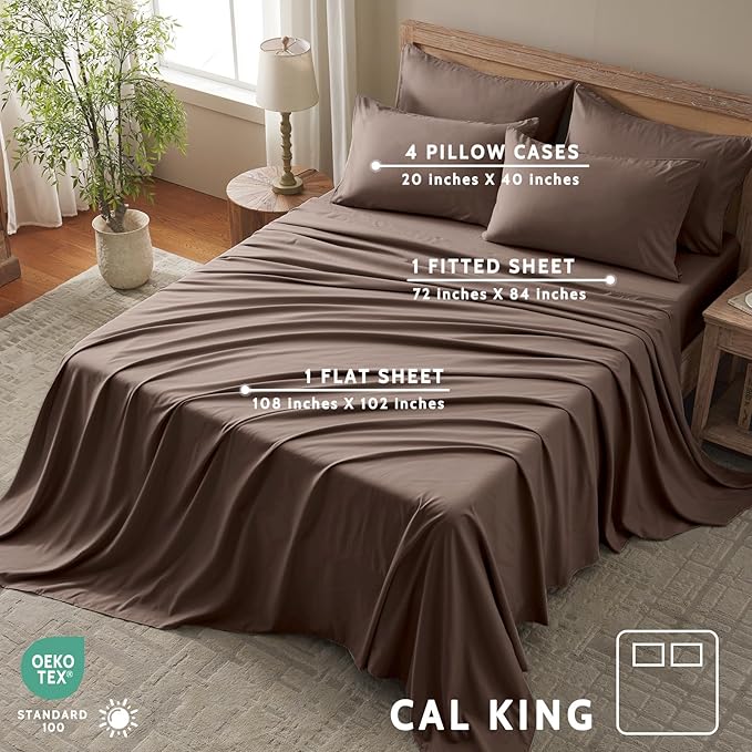 Cal King Size Sheets Set - 6 Piece Luxuriously Soft & Cooling Sheets Cal King Size - Ultra Soft 16" Deep Pocket Cal King Sheet Set - Fitted Sheet & Pillowcase Sets (Cal King Dark Brown)