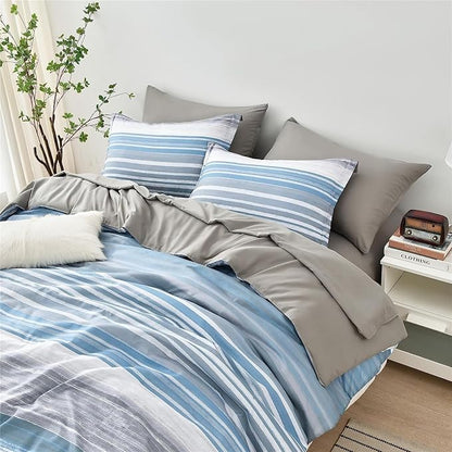 KAKIJUMN 5 Piece Bed in a Bag Stripe Comforter Set Twin Size, White Grey Blue Striped Comforter and Sheet Set, All Season Soft Microfiber Complete Bedding Set(Light Blue,Twin)