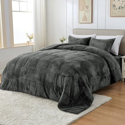 YIYEA Faux Fur Comforter Set Queen Size with Fitted Sheet, Luxury Ultra Soft Fuzzy Comforter, Fluffy Plush Velvet Bedding Comforter Sets for Fall Winter, Cozy Warmth, No Shedding, 4PC, Grey