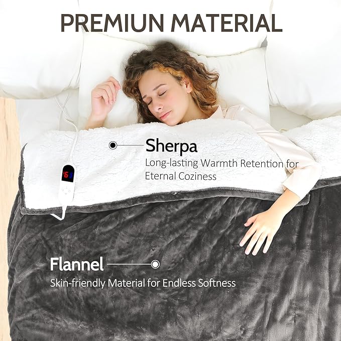 HOW'S MY HOUSE Heated Blanket Throw 50" x 60", Electric Blanket with 12 Time Settings & 6 Heating Levels, Over-Heat Protection, Flannel Sherpa Super Cozy with ETL Certification, Gray