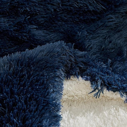 Flysheep Luxury Faux Fur King Size Winter Comforter Set Shaggy Velvet Navy Blue Long Hair, 3 Pieces Plush Flannel Sherpa Backing Reversible Soft Microfiber Super Warm Bedding Set for Holiday