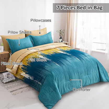 WONGS BEDDING Teal Comforter Set King,7 Pieces Bed in a Bag Abstract Art Gradient Comforter Soft Microfiber Bedding Set -1 Comforter, 1 Flat Sheet, 1 Fitted Sheet, 2 Pillow Shams,2 Pillowcases