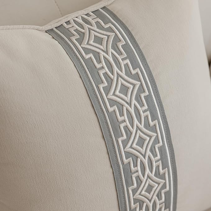 Throw Pillow Covers with Insert Included, with Embroidered Detail, 18 x 18 inches, Decorative Throw Pillow for Sofa Couch Bed (Ivory (Gray Trim), 18" L x 18" W)