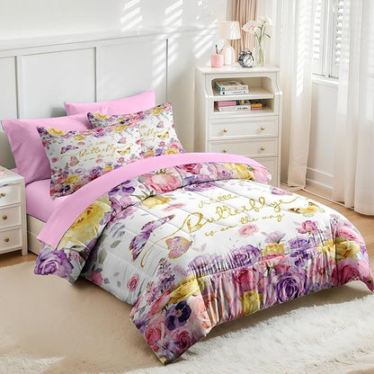 Nesker 7 Pcs Spring Comforter Set Queen Size, Pink Purple Floral Bedding Set for Kids and Adults, Roses Butterfly Bed Sheet Sets with Fitted Sheet 2 Pillowcases & 2 Shams
